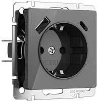 Werkel Розетка с заземлением, шторками и USB тип A+C (графит акрил) / W1171744